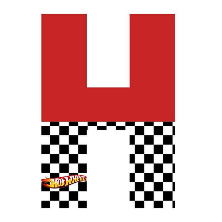 the letter h is made up of checkered squares and letters that are red, white, and black