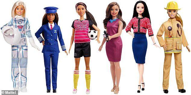 barbie dolls are dressed in different outfits and hats, all wearing sports gear or uniforms