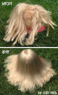 before and after photos of a blonde wig laying on the grass