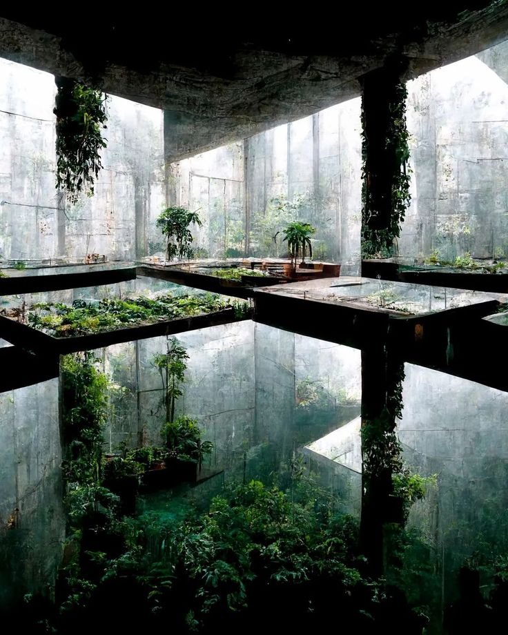 an empty room with many plants growing in the windows and on the floor, all reflecting light