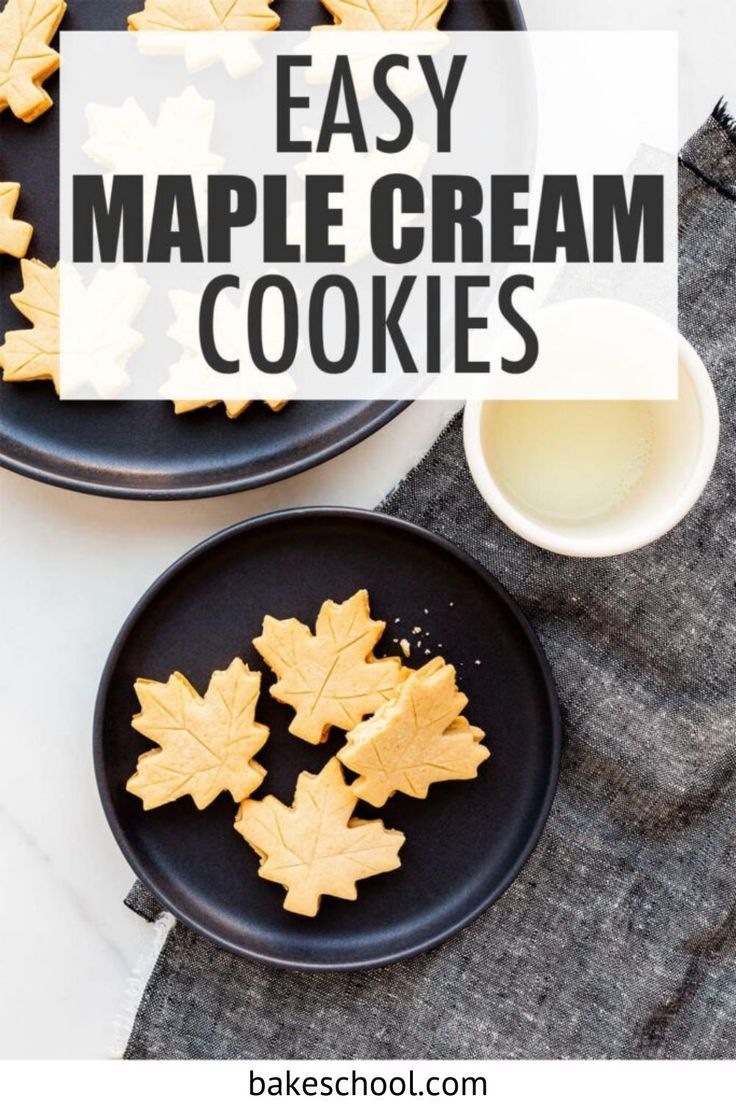 maple cream cookies on black plates with leaves