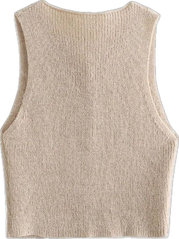 This Fashion Beige single breasted knitted vest tank top exudes a vintage ambience with its V-neck style and slight stretch fabric. Detailed with regular yarn and finished with a sleeveless silhouette, this chic top is sure to add a lavish flair to any wardrobe. Beige Knit Vest Top, Beige Knitted Tank Top, Beige Knit Sleeveless Top, Beige Knit Vest, Chic Beige Textured Knit Sweater Vest, Vest Cardigan, Knitted Vest, Beige Cardigan, Chic Top