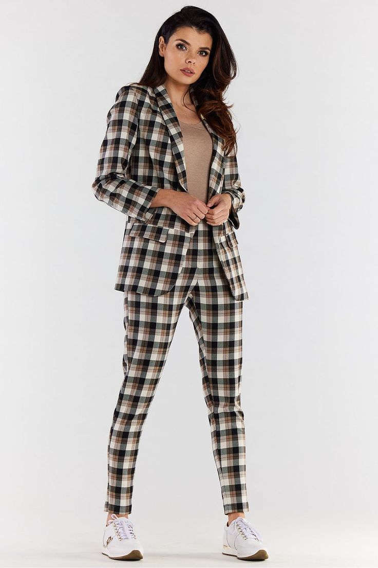 Fitted high-waisted plaid pants with a cigarette cut, tapered at the bottom. High-waisted pants emphasize the waist and optically elongate the figure, while covering minor imperfections around the waist. Together with our A491 jacket it creates an elegant suit set, which can be used for a business meeting, family celebration or office work. Fitted plaid pants are a must have in every closet. Spandex 3 % Polyester 69 % Viscose 32 % Size Lenght Hips width Waist width L 101 cm 98 cm 78 cm M 100 cm 94 cm 74 cm S 99 cm 90 cm 70 cm XL 102 cm 102 cm 82 cm Plaid High-waisted Pants For Business Casual, High-waisted Plaid Pants For Business Casual, Plaid Straight Pants For Work, Plaid Straight Work Pants, Fall Office Wear Ankle-length Pantsuit, Plaid Tapered Leg Business Casual Pants, Fitted Plaid Pants For Work, Plaid Ankle-length Pants For Work, Plaid Tapered Leg Pants For Fall