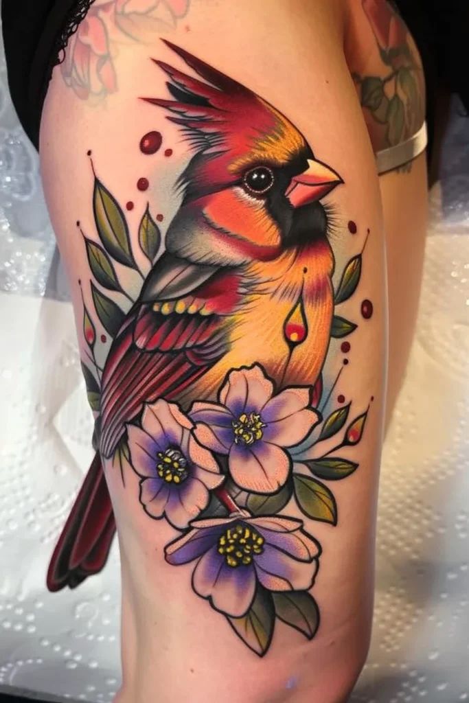 a colorful bird with flowers on the thigh