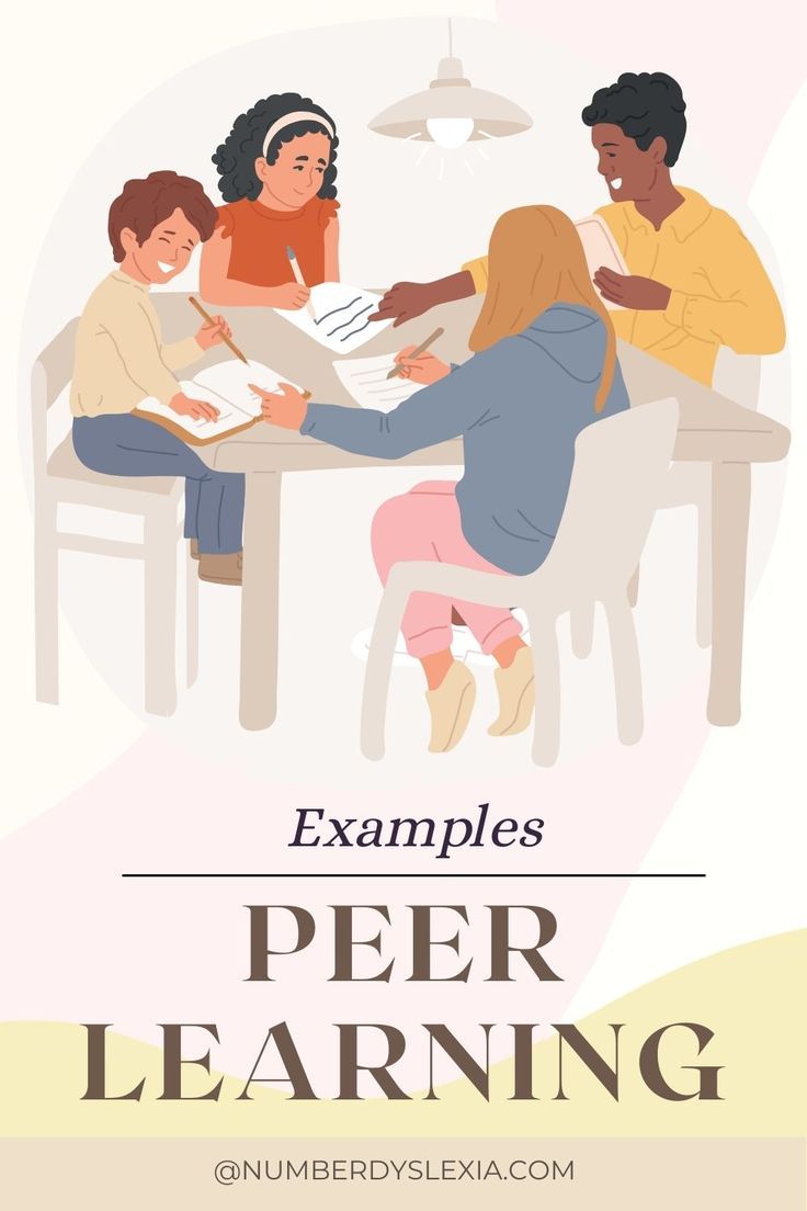 three people sitting at a table with the words examples peer learning in front of them