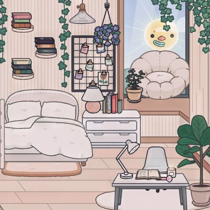 a room with a bed, desk and potted plant