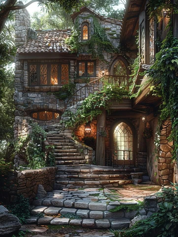 an artistic rendering of a house with stone steps leading up to the front door and windows