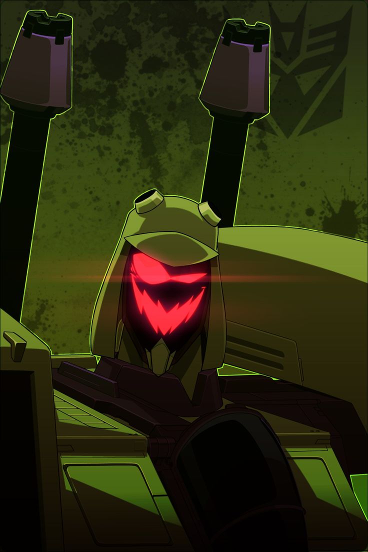 an animated image of a robot with glowing red eyes and large arms, standing in front of a green background