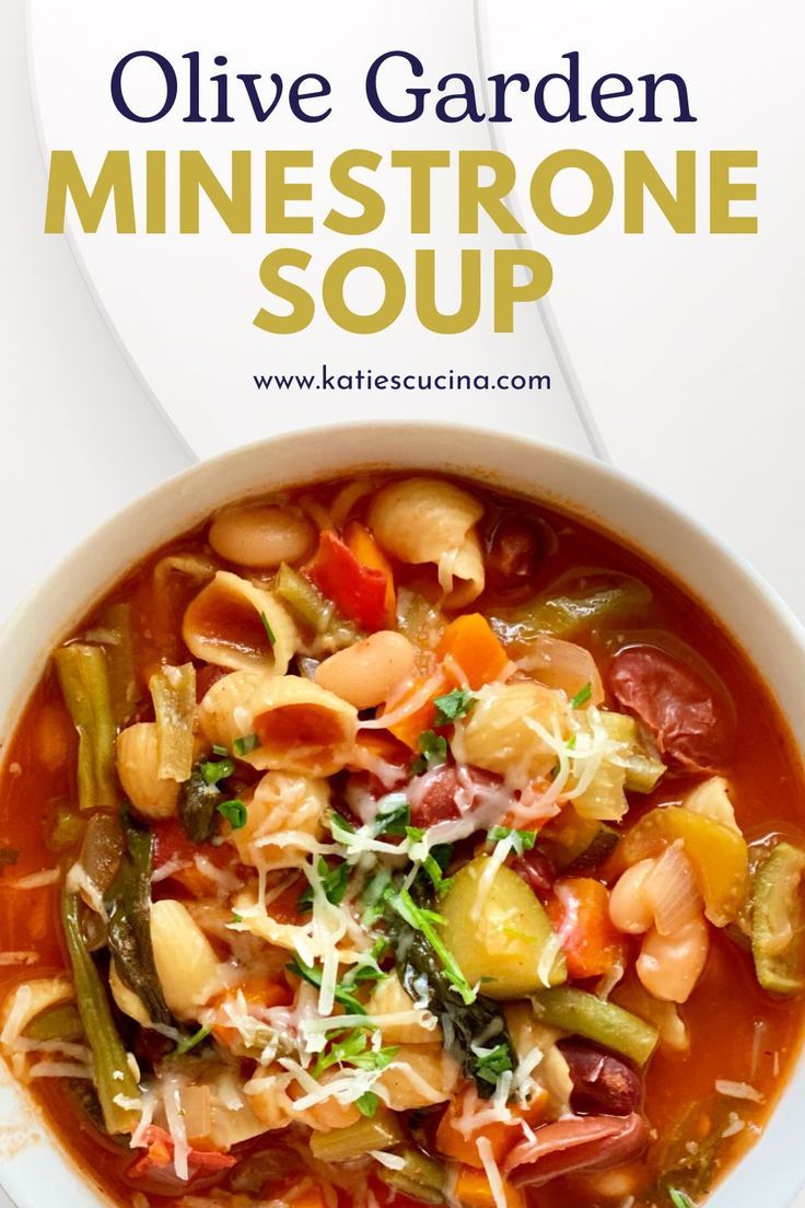 a bowl of olive garden minestone soup on a white background with the title above it