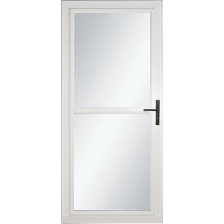 a white door with a mirror on the front and side paneled in black hardware