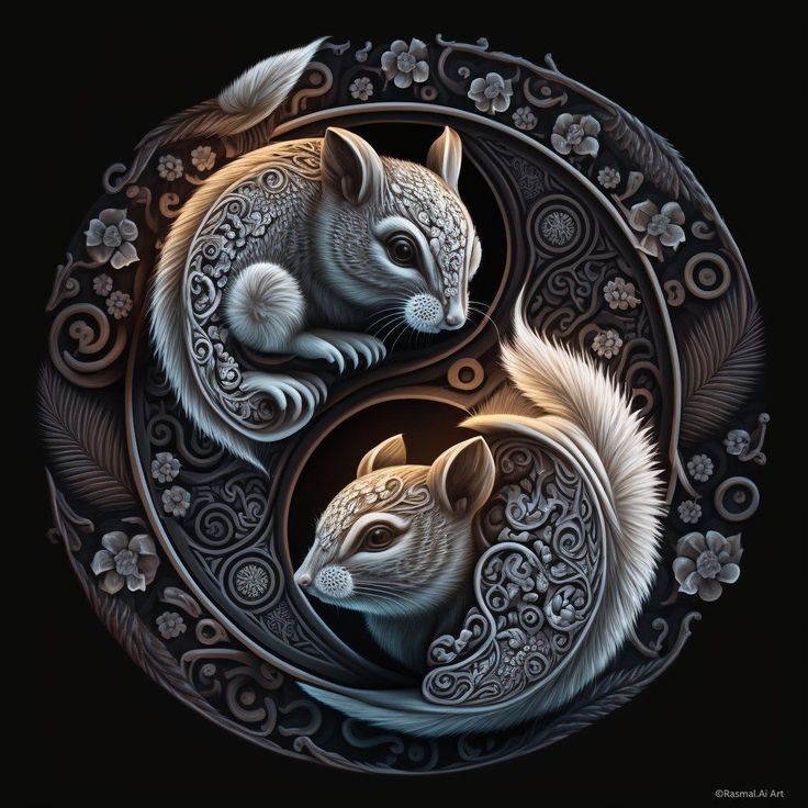 an artistic painting of two animals in a circular frame