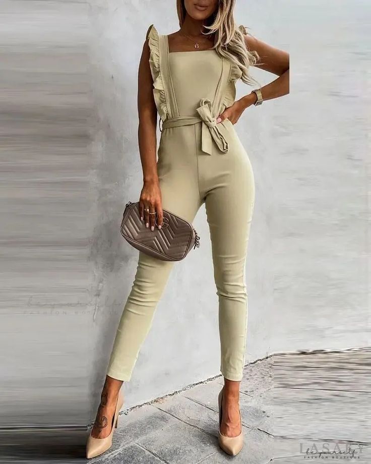 Lasaky - Belted Ruffle Hem Skinny Jumpsuit One-piece Ruffled Jumpsuits And Rompers For Party, Fitted Ruffled One-piece Jumpsuits And Rompers, Beige Stretch Jumpsuit For Party, Beige Casual Jumpsuits And Rompers For Party, Casual Beige Jumpsuits And Rompers For Party, Fitted Ruffles Jumpsuit Overalls, Fitted Ruffle Jumpsuits And Rompers, Fitted Ruffled Overalls Jumpsuits And Rompers, Estilo Chic