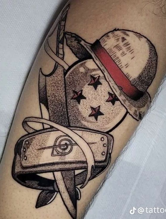 a tattoo with a helmet and some stars on it's arm, as well as a ribbon