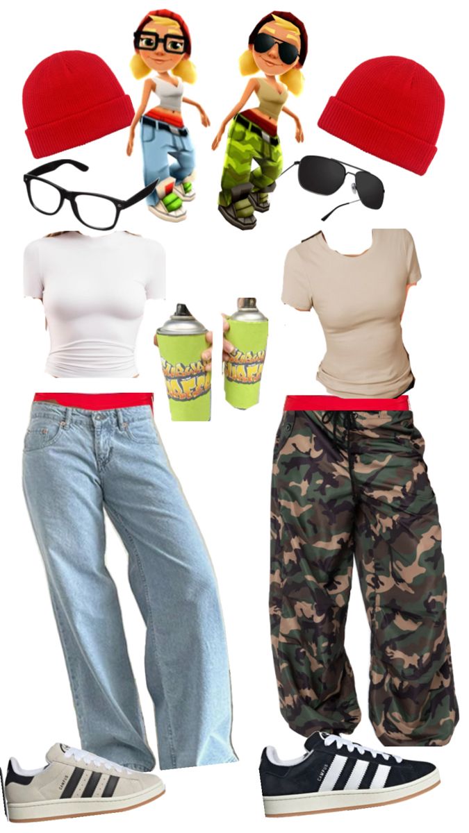 three different outfits are shown with hats and sunglasses on them, one is wearing camo pants