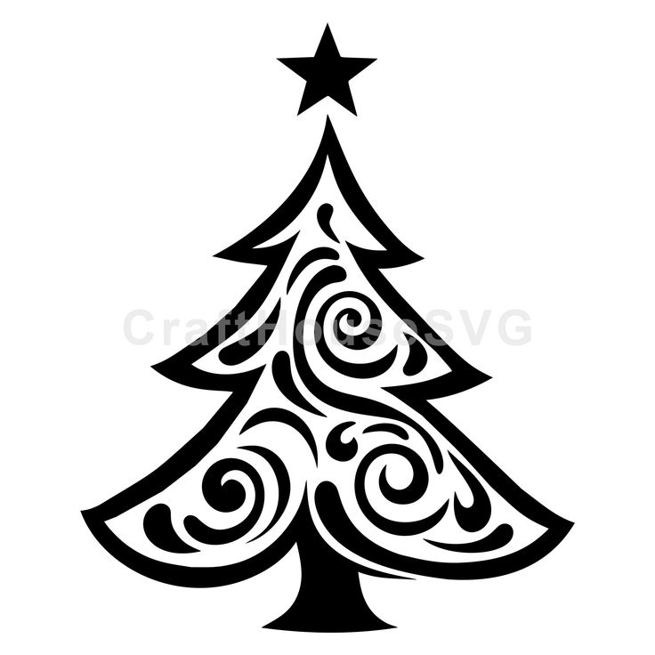 a black and white christmas tree with swirls