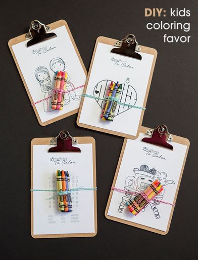 three tags with crayons attached to them on a black background and the words diy kids coloring favors