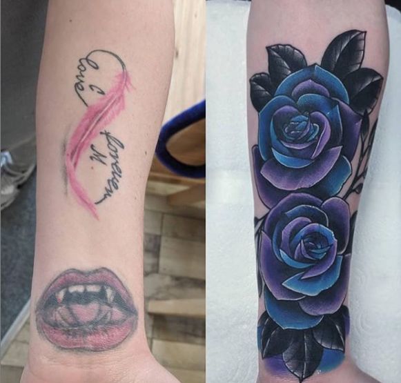 two different tattoos on both arm and leg, one with blue roses in the middle