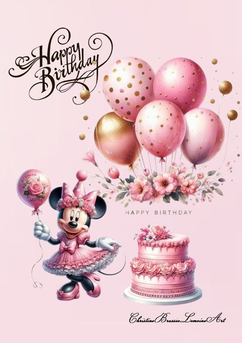 a pink birthday card with a minnie mouse and balloons in the air next to a cake