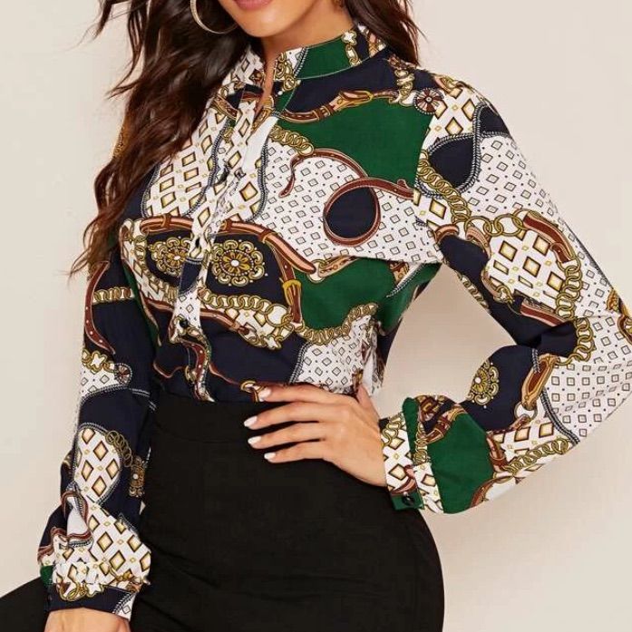 Chain Print Blouse Trendy Multicolor Tops For Office, Trendy Multicolor Office Tops, Chic Multicolor Office Tops, Chic Tie Neck Printed Blouse, Chic Printed Tie Neck Blouse, Elegant Multicolor Blouse For Work, Chic Multicolor Tie Neck Top, Elegant Multicolor Tops For Workwear, Elegant Multicolor Fall Tops