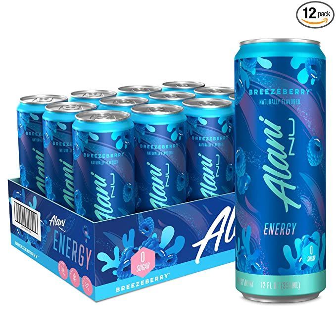 an energy drink with blue flowers on it and a box of 24 cans next to it