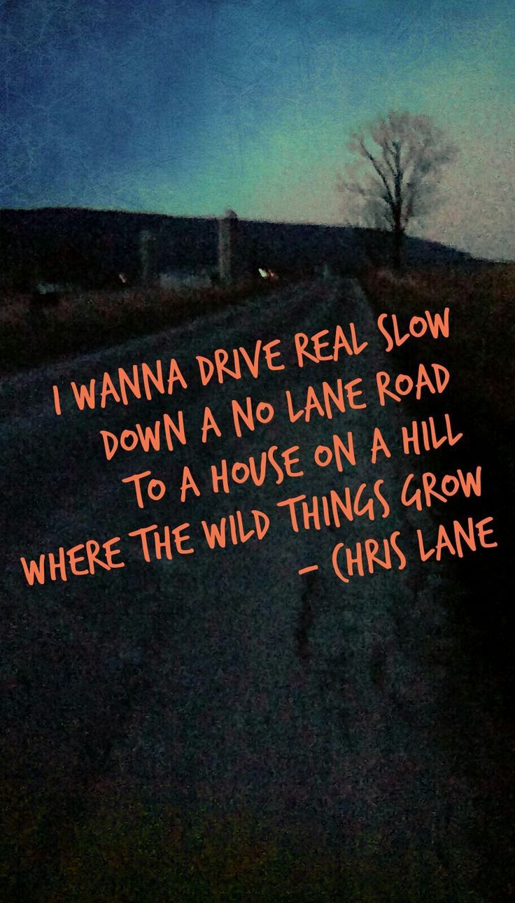 a dark road with the words wanna drive real slow down a no lane road to a house on a hill where the wild things grow