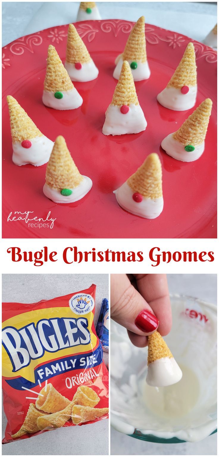 christmas gnomes made out of bugles and marshmallows on a red plate