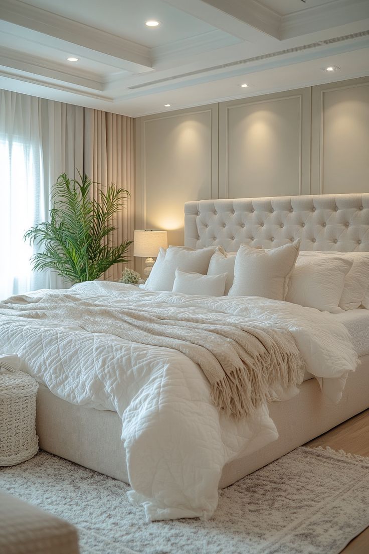 a large white bed sitting in a bedroom next to a window