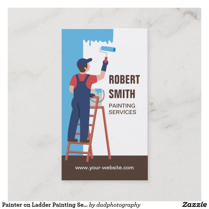 a painting business card with an image of a man on a ladder and holding a paintbrush