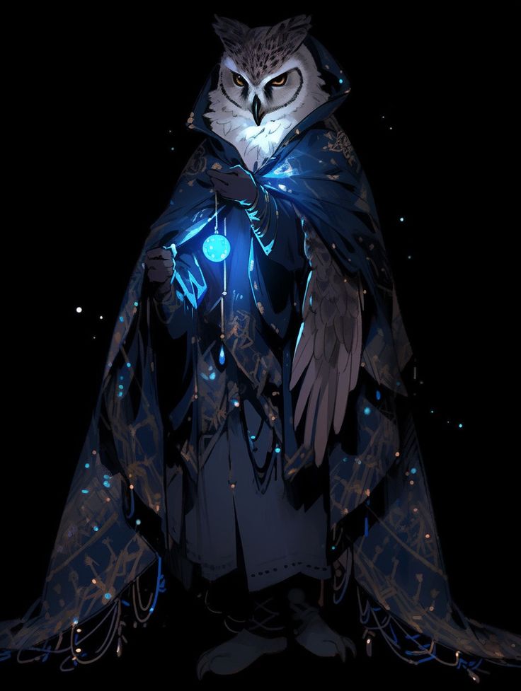 an owl dressed as a wizard with glowing wings