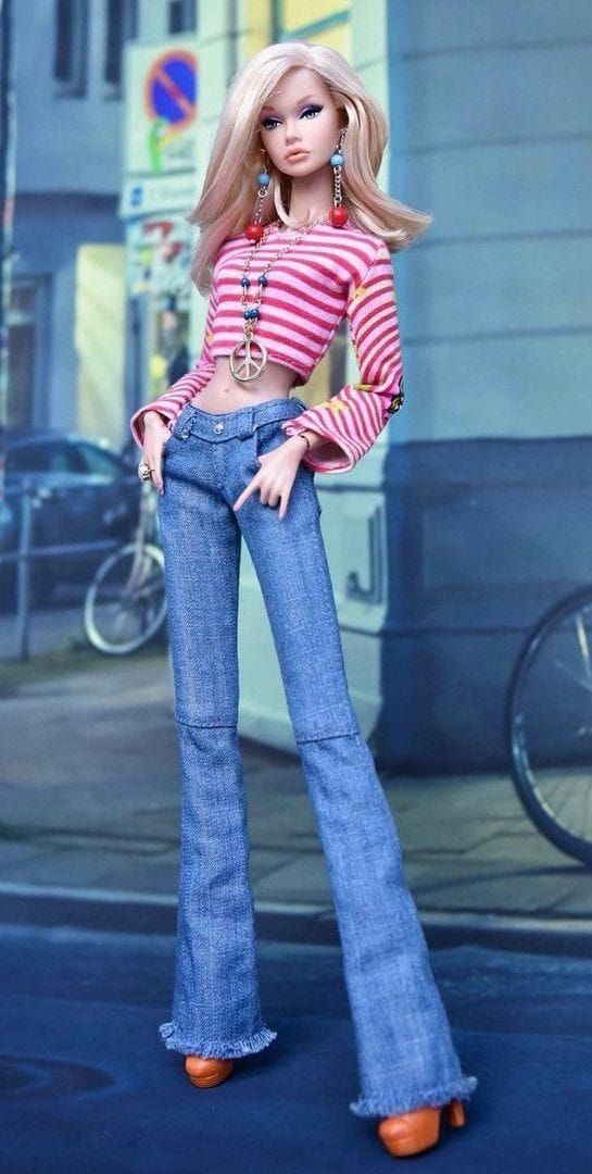 a barbie doll is standing in the street