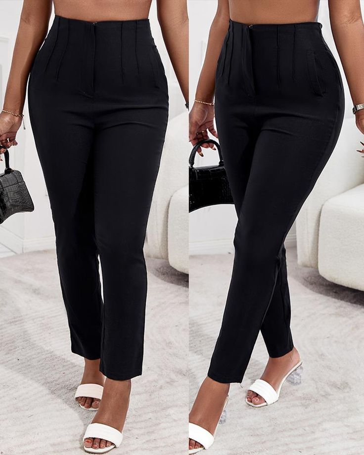 black Cropped Work Pants, Work Trousers, Cropped Trousers, Black Bottoms, High Waisted Trousers, Bottom Clothes, Work Pants, Fashion Pants, Dress Collection