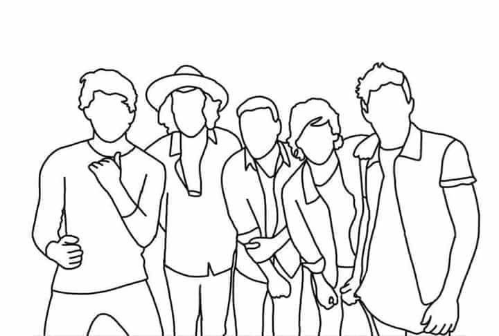 a line drawing of people standing next to each other with one man looking at the camera