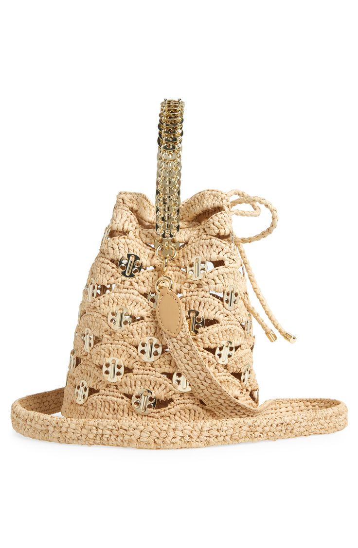 A unique wave-inspired design hand-braided from raffia and accented with signature disc hardware defines this bucket bag that's a chic warm-weather carryall. Drawstring closure Top carry handle; removable crossbody strap Raffa/metal Imported Designer Handbags Designer Natural Straw Bag With Gold-tone Hardware, Designer Natural Bucket Bag With Braided Handles, Designer Bucket Shoulder Bag For Spring, Spring Designer Bucket Shoulder Bag, Designer Spring Bucket Shoulder Bag, Designer Woven Leather Straw Bucket Bag, Designer Woven Leather Bucket Straw Bag, Designer Natural Straw Bucket Bag, Designer Natural Bucket Straw Bag