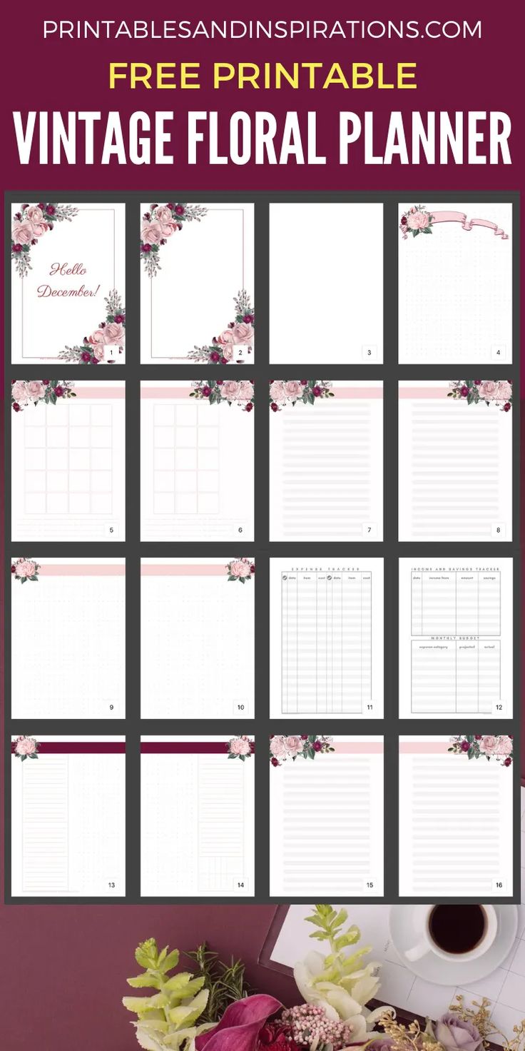 the printable floral planner is displayed on a table with flowers and coffee mugs