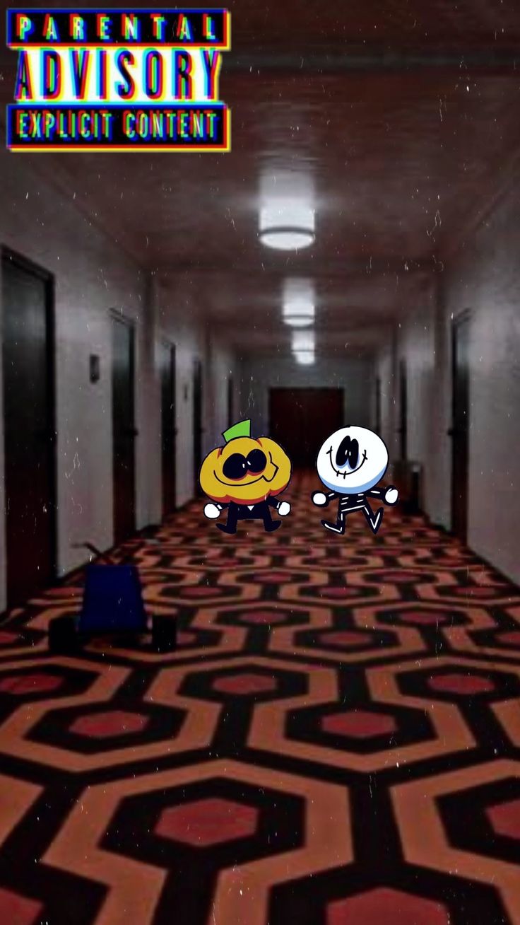 two cartoon characters are walking down the hallway in front of an evil carpeted floor