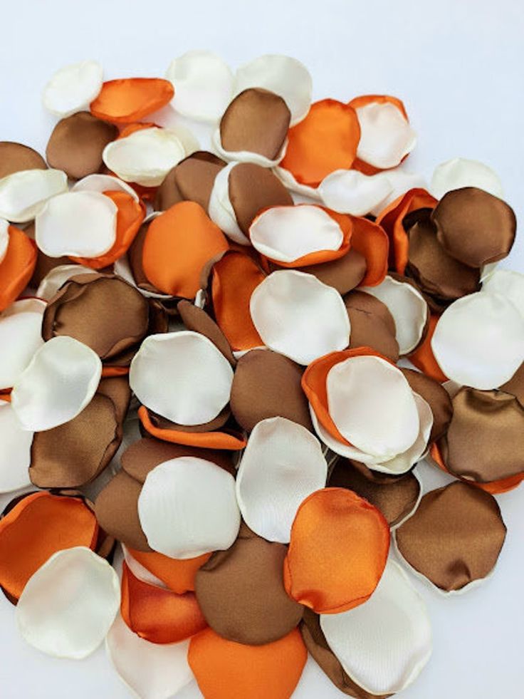 a pile of orange and white flower petals