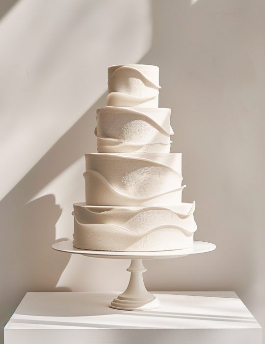 a three tiered white cake sitting on top of a table next to a wall