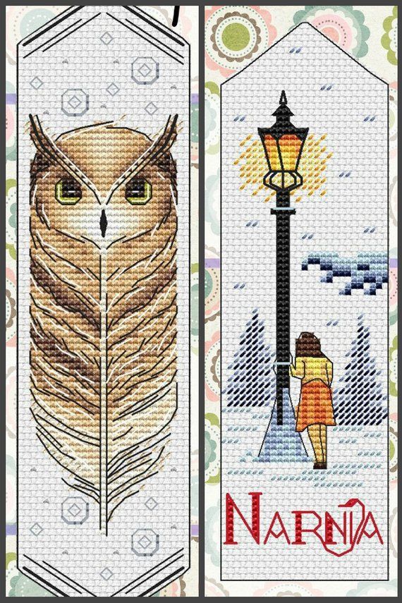 two cross stitch bookmarks with an owl and a person walking in the snow next to a lamp post