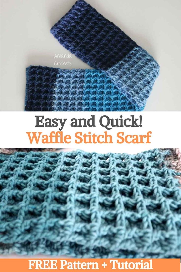 the easy and quick crochet waffle stitch scarf is shown in three different colors