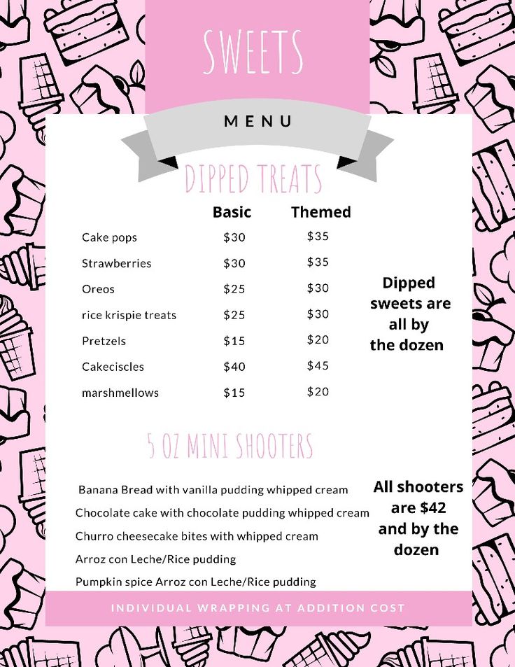 the menu for sweet treats is shown in pink and white