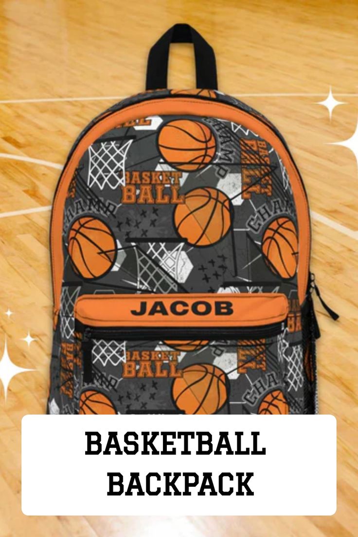 Orange and Black personalized basketball backpack with hoops, basketballs and customized with a personal name Sporty Backpack For Back To School And Sports Events, Sporty Backpack For College And Back To School, Sporty Backpack For College, Back To School, Sporty Backpack For Sports And End Of School Year, Sporty Backpack For Sports Events, Office Backpack, Basketball Backpack, Teacher Notepad, Kids School Supplies