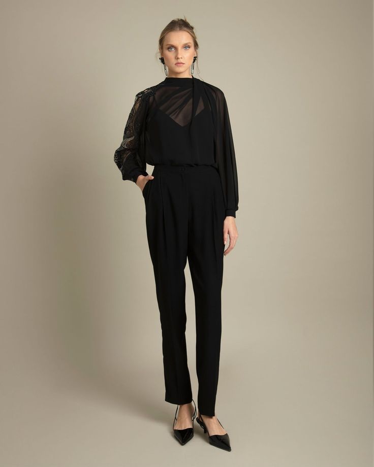 Embroidered Details Top – Gemy Maalouf Sets With Blouson Long Sleeves, Chic Embroidered Sets For Workwear, Elegant Embellished Tops For Workwear, Elegant Embroidered Tops For Night Out, Chic Long Sleeve Cocktail Top, Elegant Tops With Embroidered Sleeves For Work, Elegant Embroidered Sleeve Top For Work, Long Sleeve Tops With Embroidered Sleeves For Work, Fitted Viscose Blouse For Party