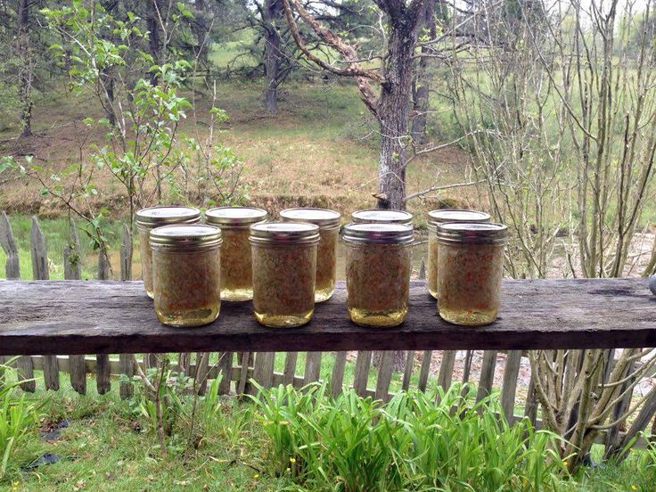 four jars are lined up on a wooden ledge in front of some trees and grass