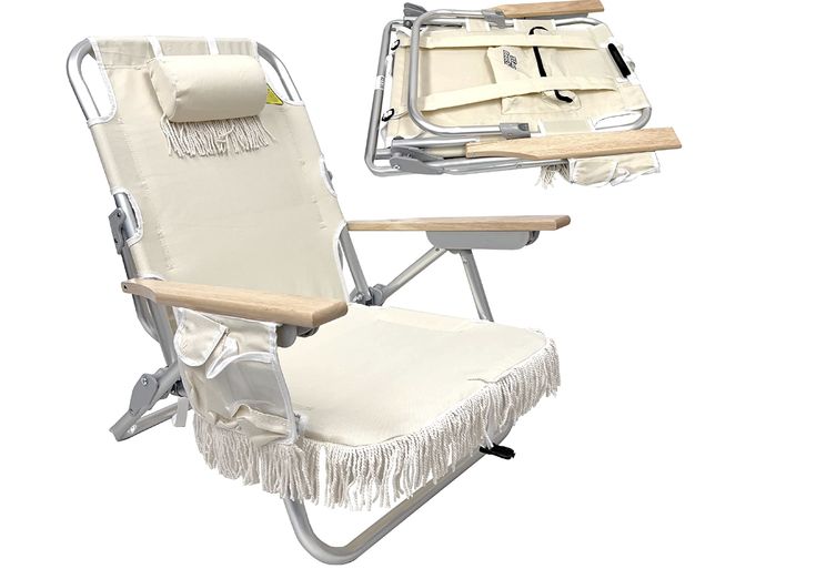 a beach chair with an ottoman and tray attached to it