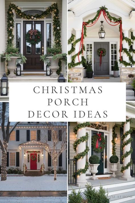 christmas porch decorating ideas for the front door and entryway with wreaths, lights, garlands and lanterns