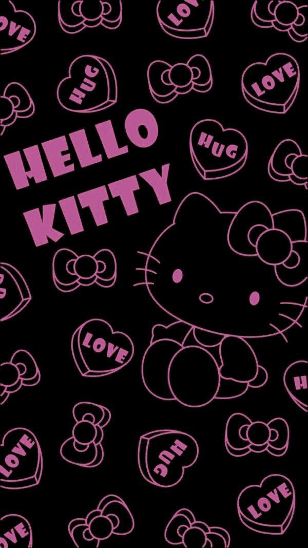 hello kitty wallpaper with hearts and the words hello kitty written in pink on a black background