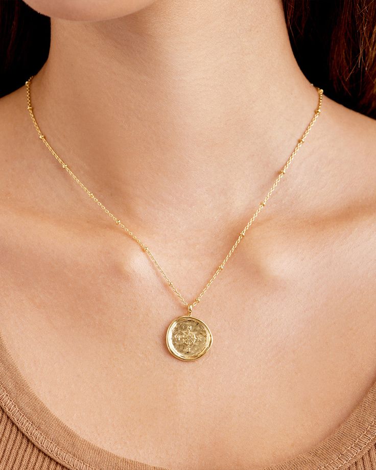 Compass Coin Pendant Necklace | gorjana Tarnish Resistant Round Brass Coin Necklace, Adjustable Coin Necklace With Medallion, Adjustable Gold Medallion Coin Necklace, Adjustable Medallion Coin Necklace With Coin Pendant, Adjustable Medallion Coin Necklace With Pendant, Gold Round Coin Necklace With Locket, Gold Coin Necklace With Round Locket, Adjustable Medallion Coin Pendant Necklace, Gold Brass Coin Necklace