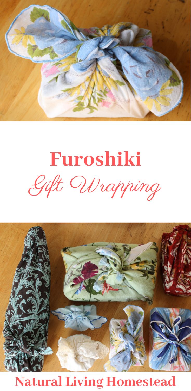 three different types of gift wrapping on a wooden floor with text overlay that reads, furoshiki gift wrapping natural living homesead