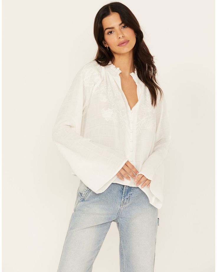 Cleo + Wolf Women's Cropped Button-Down Blouse , Cream Womens Western Tops, Cropped Button Down, Long Bell Sleeves, Western Tops, Dress Store, Dress Hats, V Neckline, Country Girls, Kids' Dresses