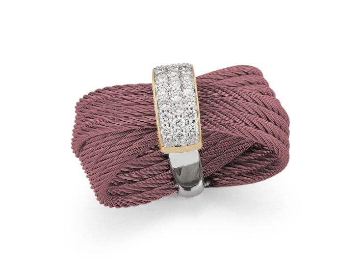 18 Karat Yellow Gold and Burgundy Steel Cable Ring With Diamonds totaling 0.16 Carats Size 7 By ALOR Cable Ring, Channel Set Diamond Ring, Bezel Diamond Rings, Crossover Diamond Ring, Emerald Cut Diamond Ring, Crossover Ring, Three Stone Diamond Ring, Three Stone Diamond, Ring Sale